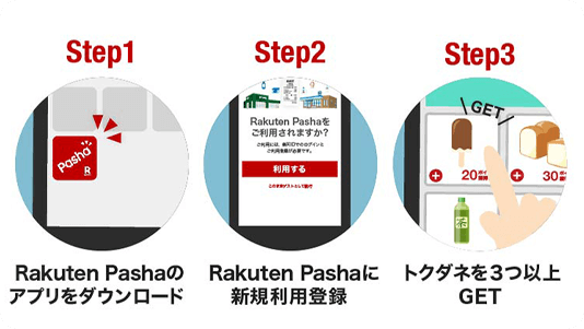 Step1:Rakuten Pashaのアプリをダウンロード、Step2：Rakuten Pashaに新規利用登録、Step3：トクダネを3つ以上GET