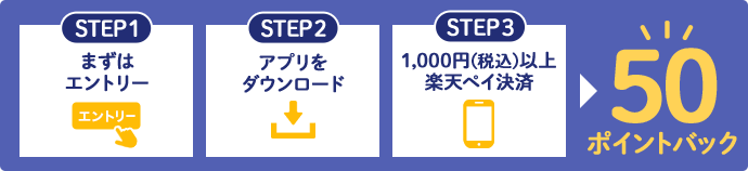 STEP1 まずはエントリー STEP2 アプリをダウンロード STEP3 1,000円（税込）以上楽天ペイコード・QR払い
