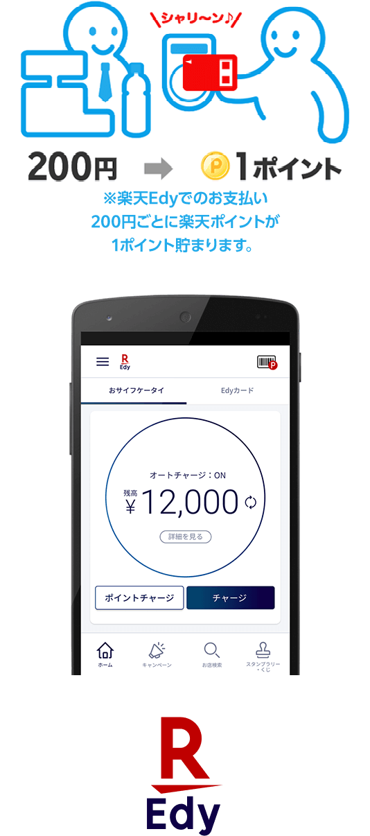 ※楽天Edyでのお支払い200円ごとに楽天ポイントが1ポイント貯まります。 | 楽天Edy