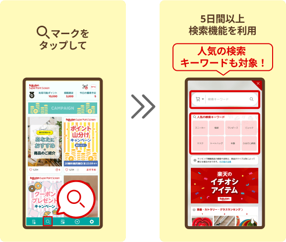 マークをタップして 5日間以上検索機能を利用 人気の検索キーワードも対象!